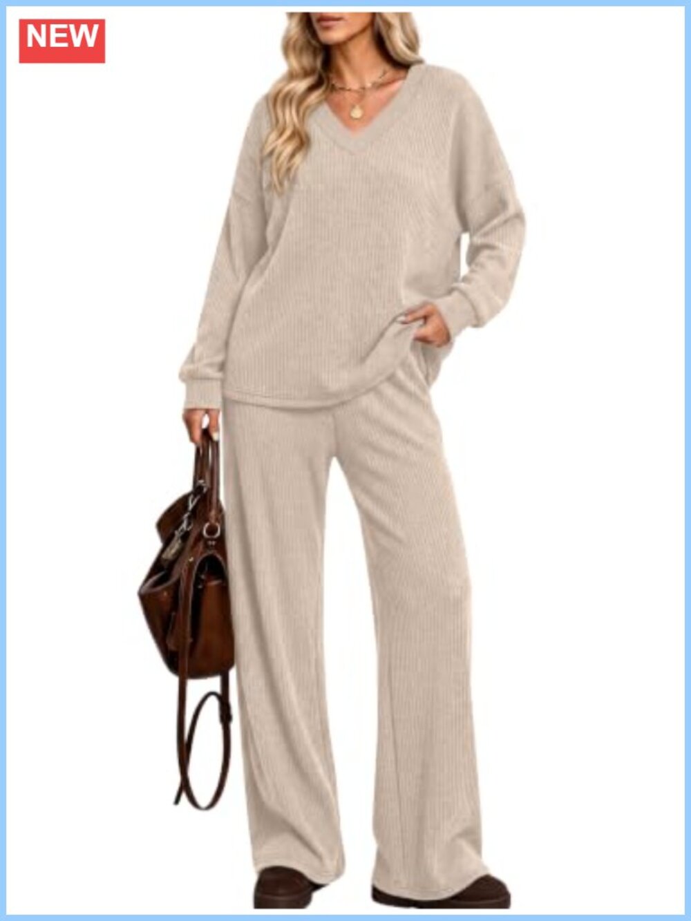 Ribbed Knit Two Piece Lounge Set V Neck Top Wide Leg Pants